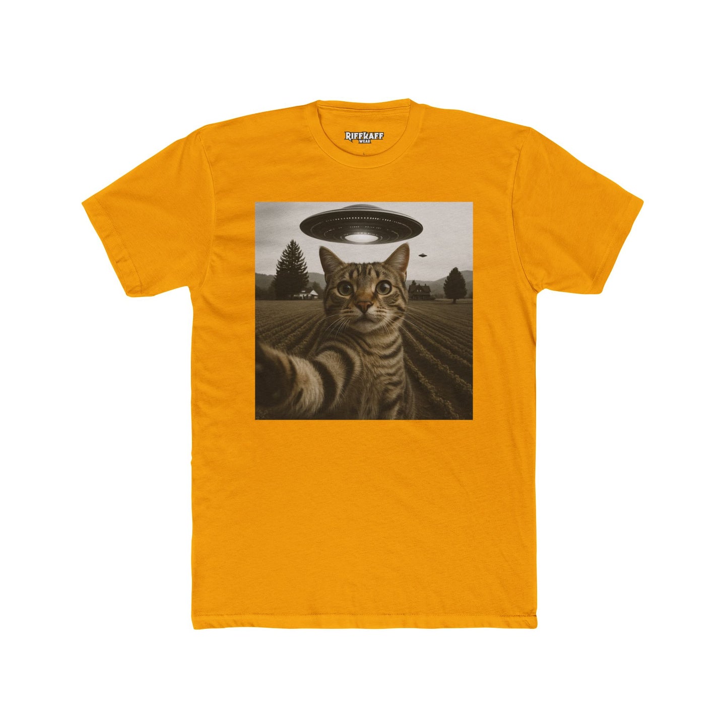 Alien Cat Unisex Cotton Crew Tee – Funny UFO Graphic T-Shirt - Riff Raff Wear