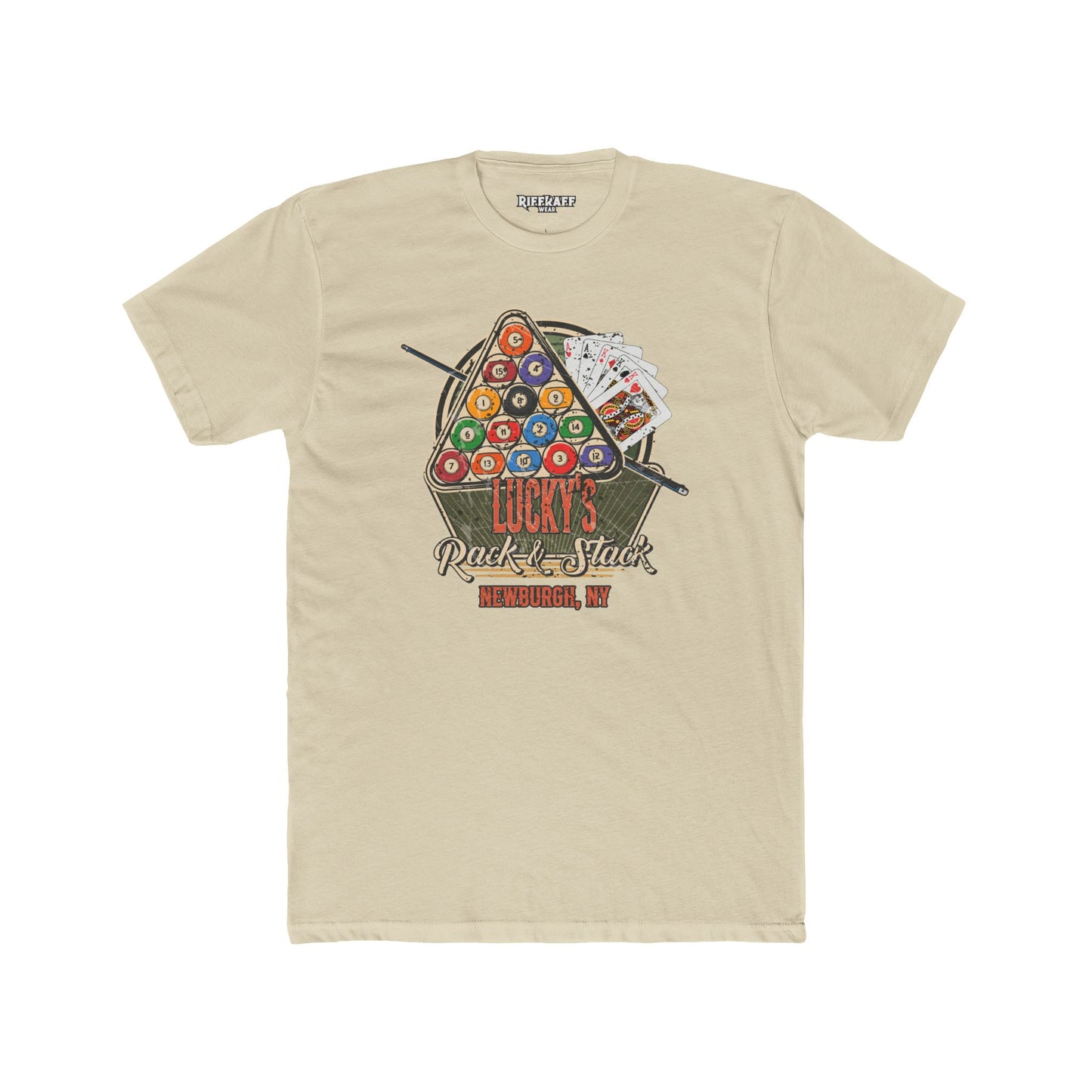 Lucky's Pool Hall Unisex Cotton Crew Tee Pool Up Front. Poker In The Rear. - Riff Raff Wear Underground