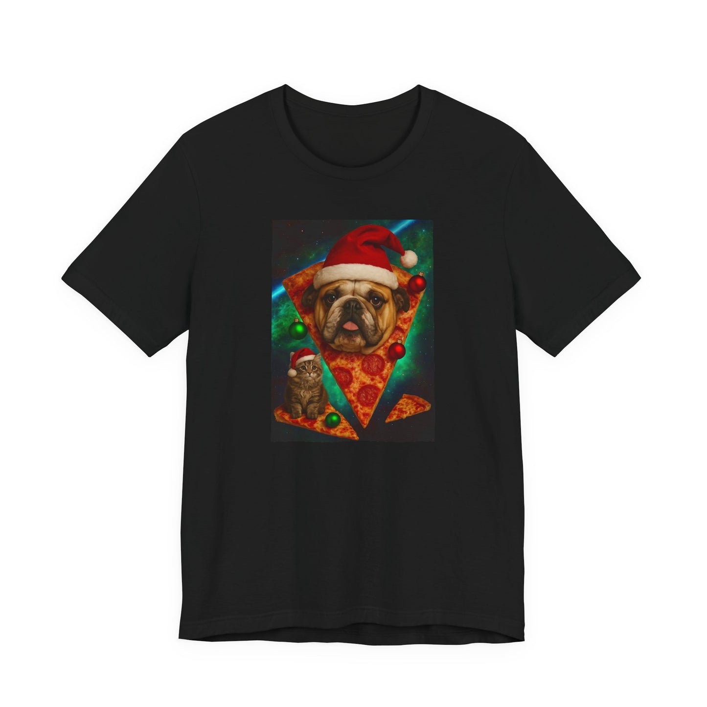 Festive Dog Pizza Tee - Unisex Short Sleeve T-Shirt, Funny Holiday Shirt, Pet Lover Gift, Christmas Apparel, Cute Animal Tee - Riff Raff Wear