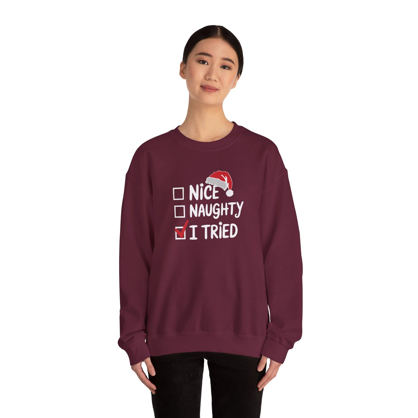 Christmas Sweatshirt, Funny Holiday Gift, Cozy Crewneck, Naughty Nice Humor, Unisex Winter Style, Festive Apparel - DMHoops.com