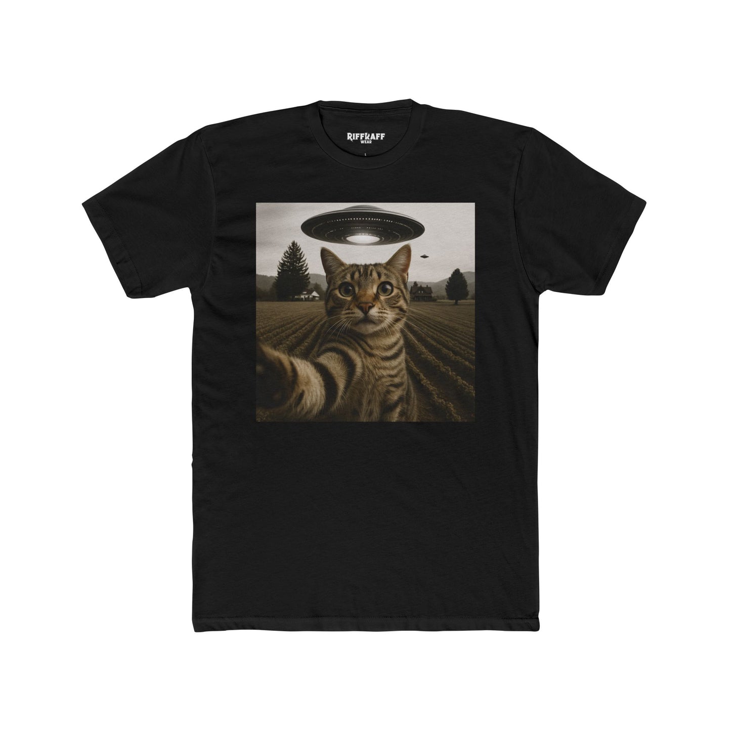 Alien Cat Unisex Cotton Crew Tee – Funny UFO Graphic T-Shirt - Riff Raff Wear
