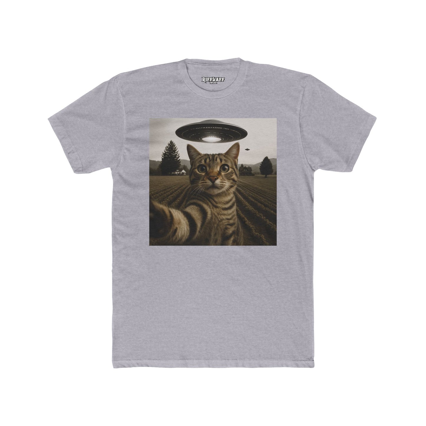 Alien Cat Unisex Cotton Crew Tee – Funny UFO Graphic T-Shirt - Riff Raff Wear