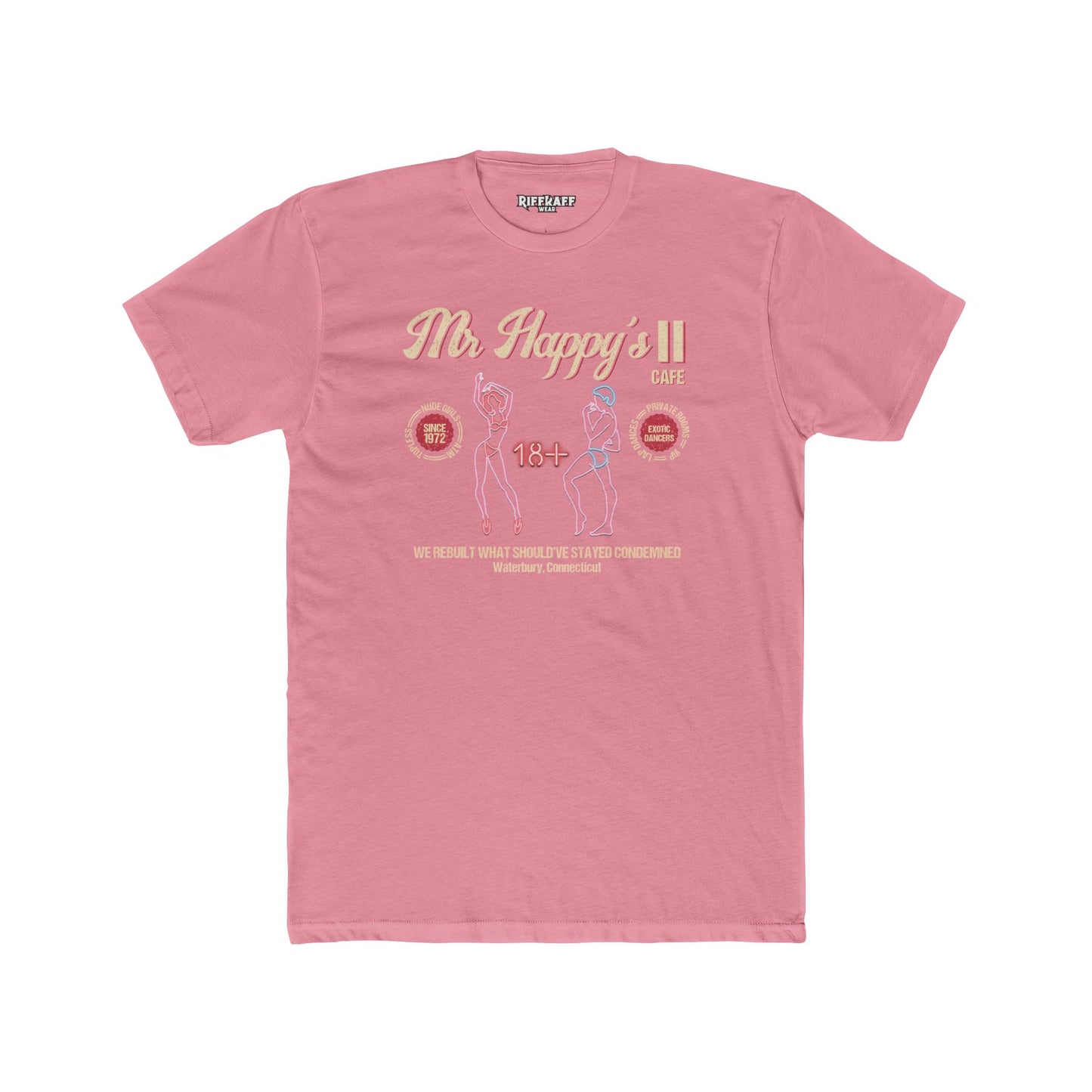 Mr. Happy's II Cafe Unisex Cotton Crew Tee - Fun Adult Humor T-Shirt - Riff Raff Wear Underground