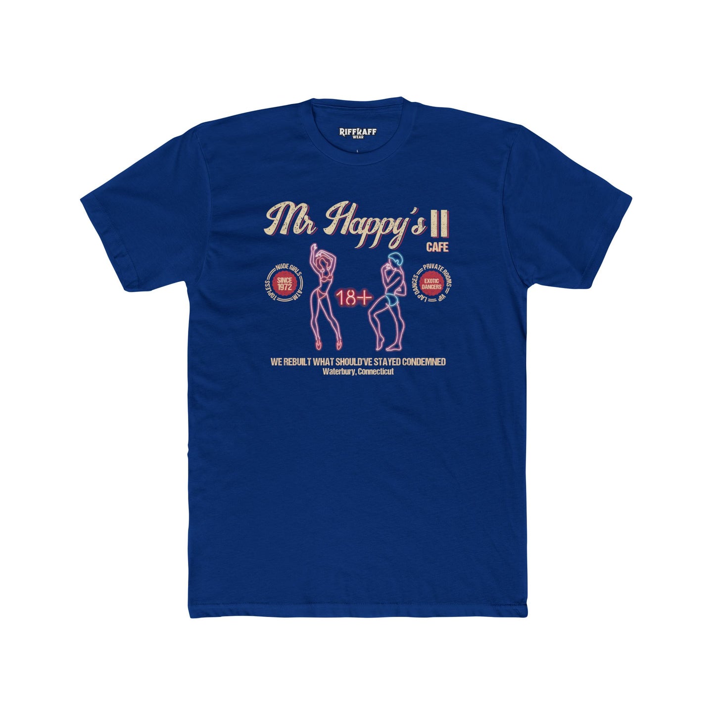 Mr. Happy's II Cafe Unisex Cotton Crew Tee - Fun Adult Humor T-Shirt - Riff Raff Wear Underground