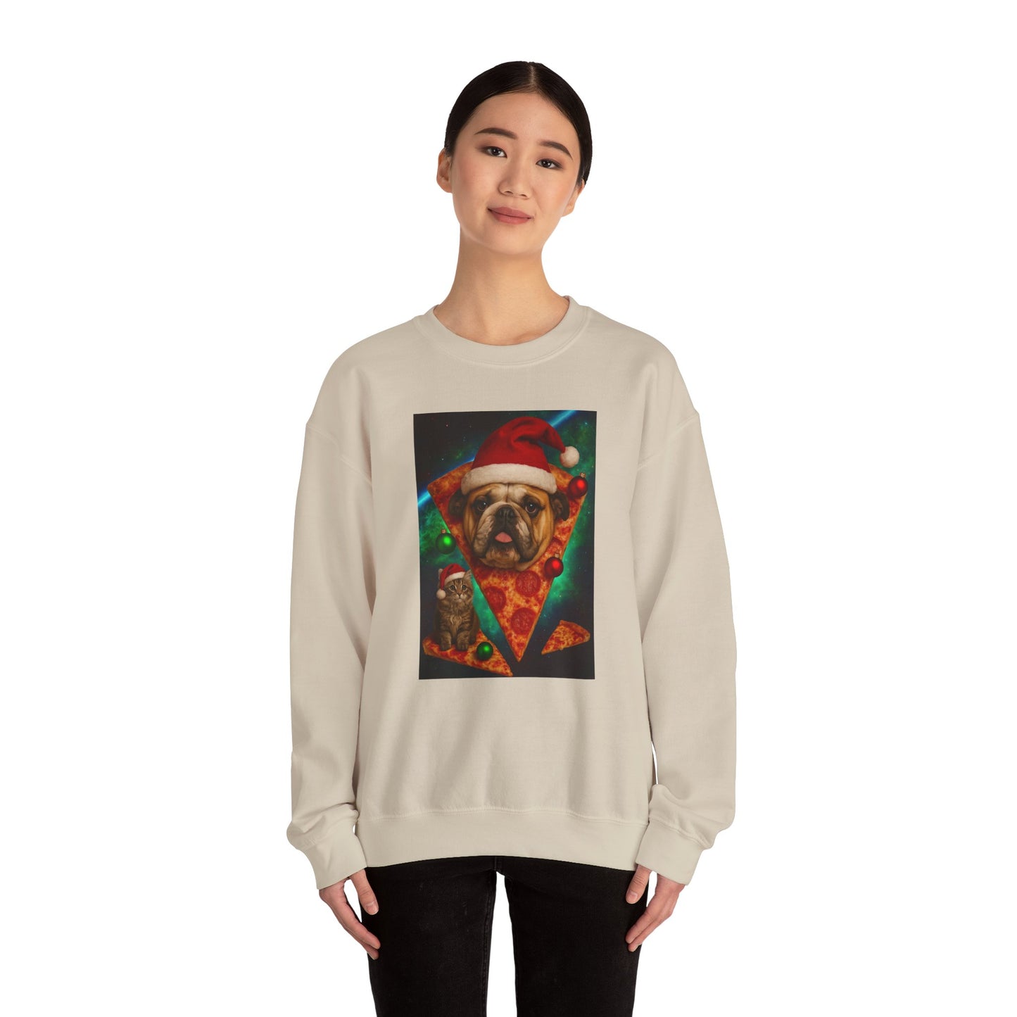 Festive Dog Pizza Sweatshirt, Holiday Gift, Christmas Apparel, Unisex Crewneck, Dog Lover Sweatshirt - Riff Raff Wear