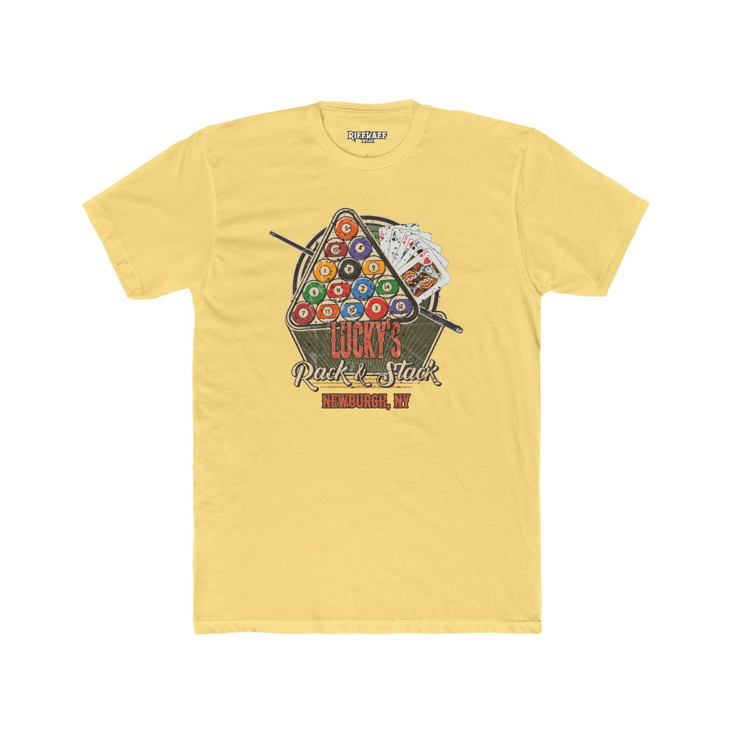 Lucky's Pool Hall Unisex Cotton Crew Tee Pool Up Front. Poker In The Rear. - Riff Raff Wear Underground