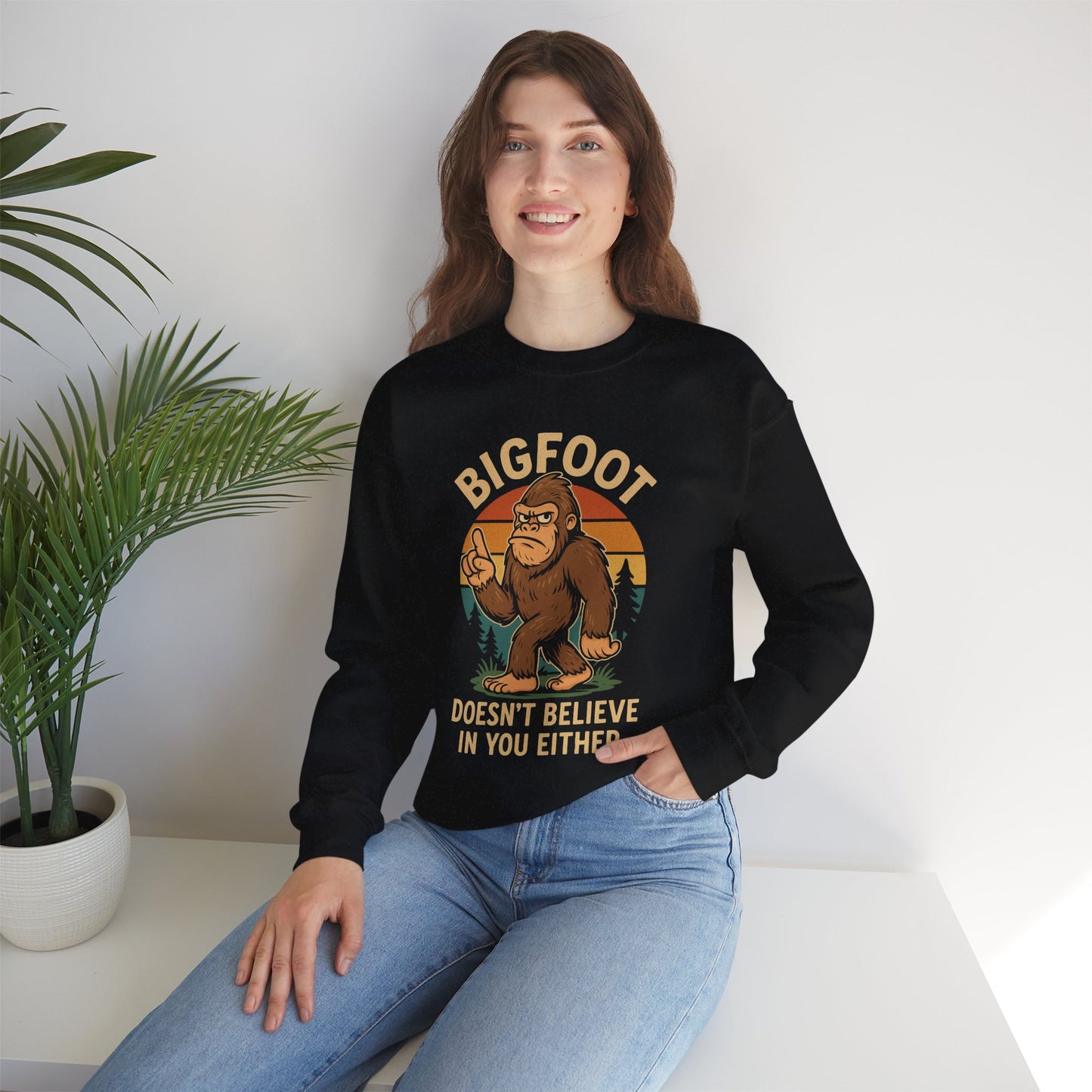 Bigfoot Doesn't Believe Crewneck Sweatshirt - Unisex Fashion for Nature Lovers - Riff Raff Wear