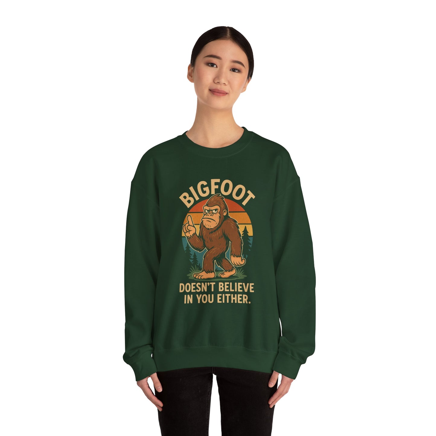 Bigfoot Doesn't Believe Crewneck Sweatshirt - Unisex Fashion for Nature Lovers - Riff Raff Wear