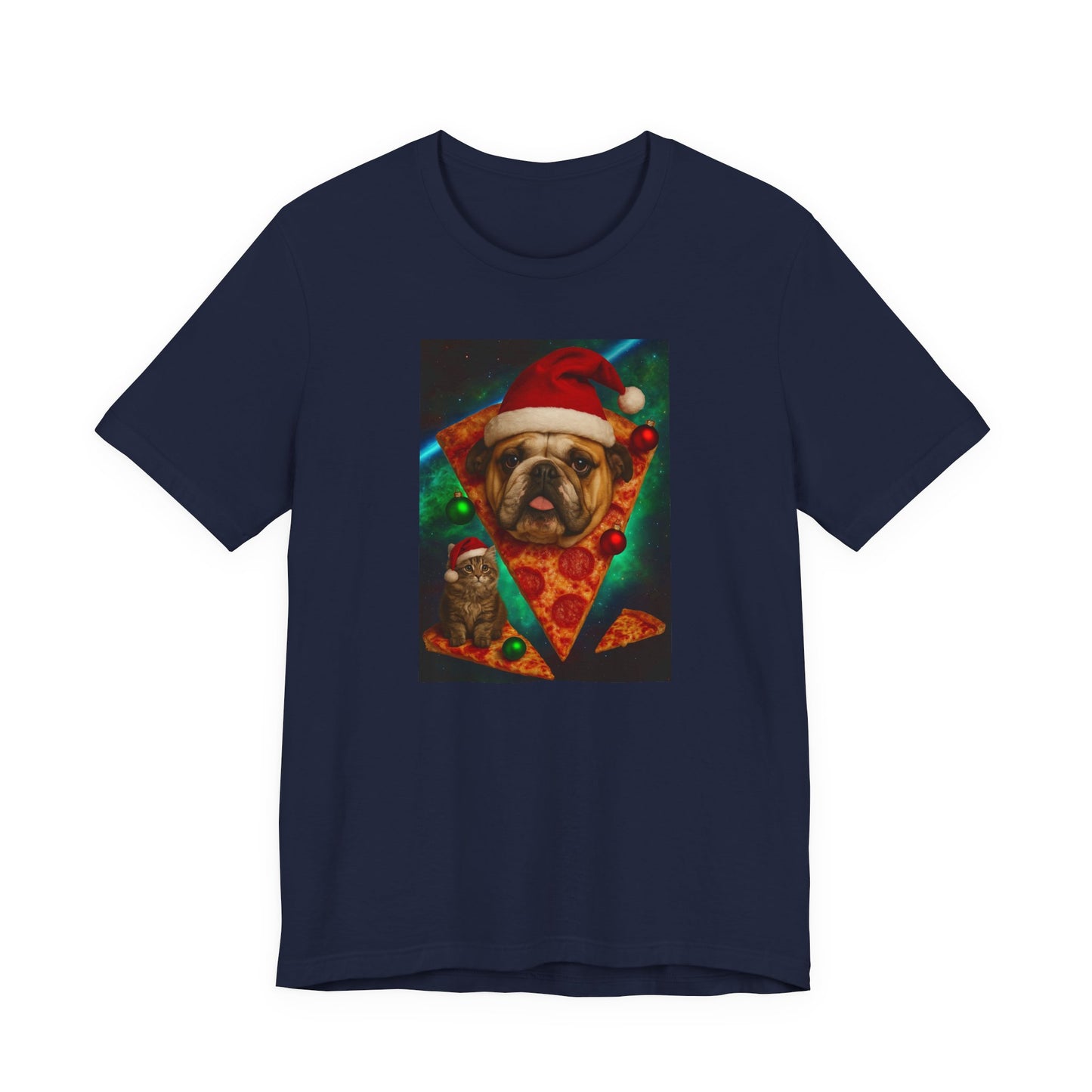 Festive Dog Pizza Tee - Unisex Short Sleeve T-Shirt, Funny Holiday Shirt, Pet Lover Gift, Christmas Apparel, Cute Animal Tee - Riff Raff Wear
