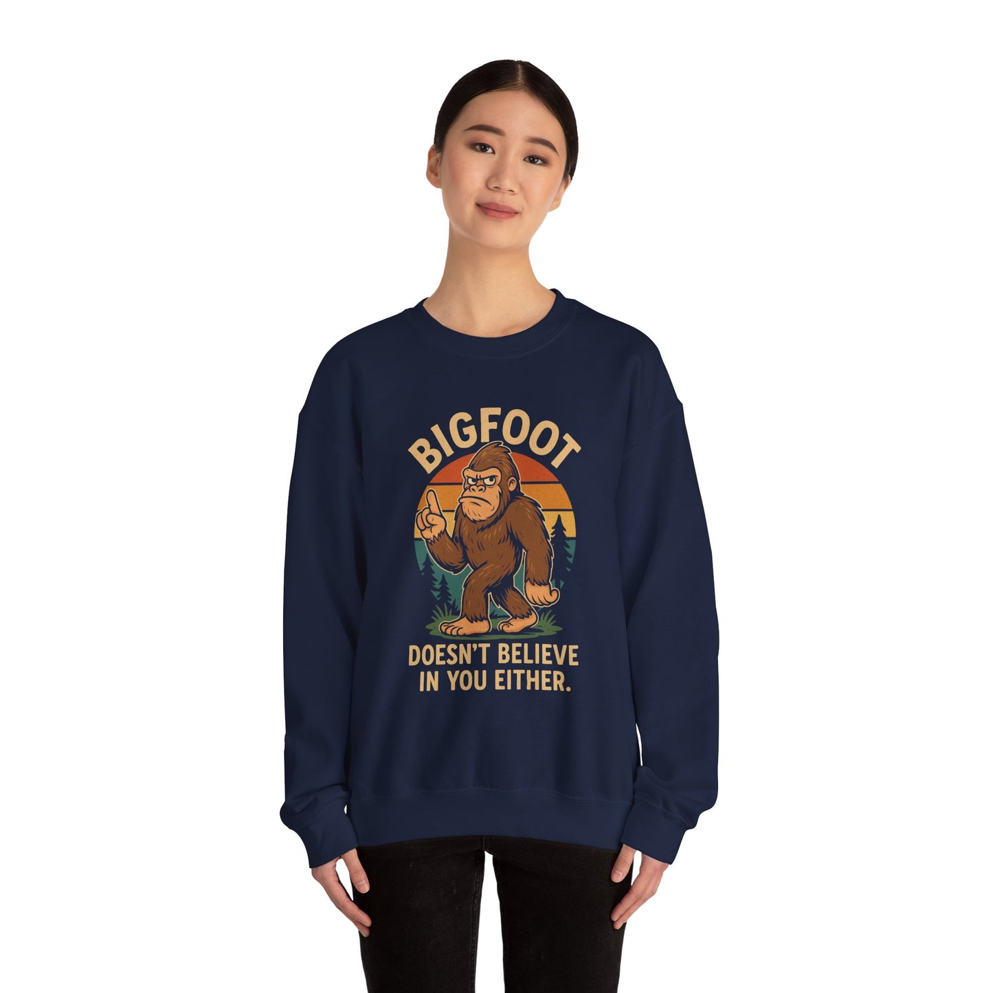 Bigfoot Doesn't Believe Crewneck Sweatshirt - Unisex Fashion for Nature Lovers - Riff Raff Wear