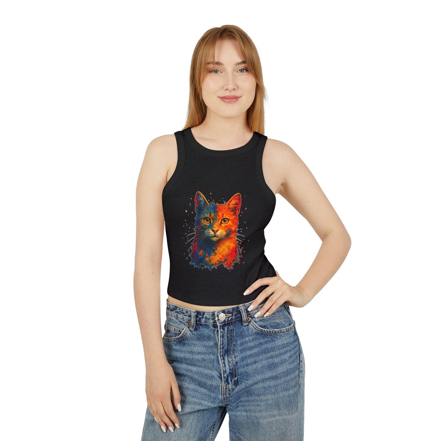 Colorful Cat Graphic Racer Tank Top for Women - Riff Raff Wear