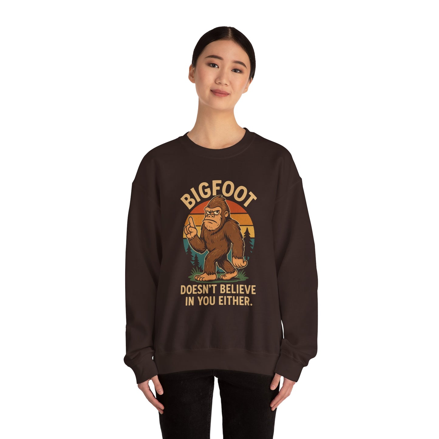 Bigfoot Doesn't Believe Crewneck Sweatshirt - Unisex Fashion for Nature Lovers - Riff Raff Wear
