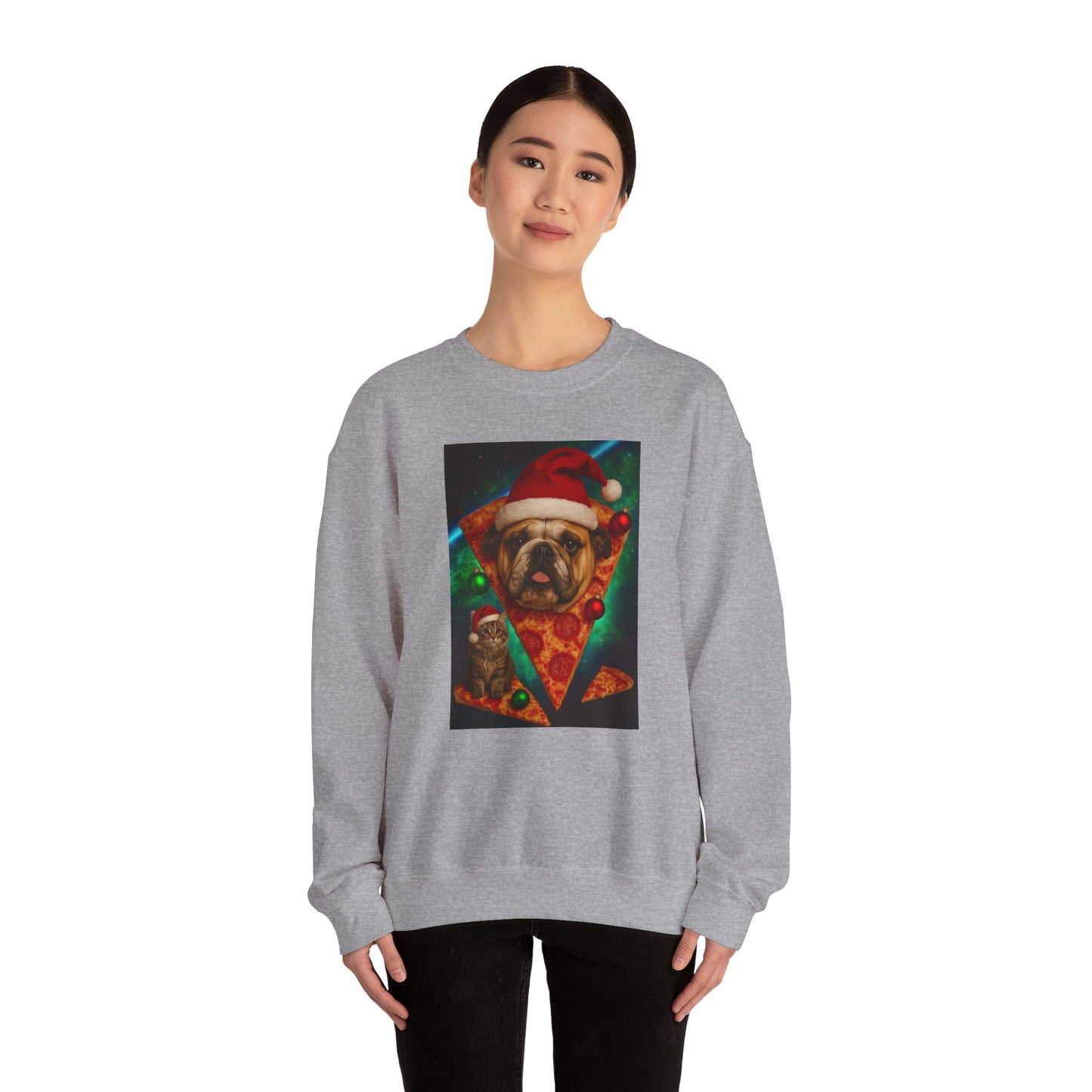 Festive Dog Pizza Sweatshirt, Holiday Gift, Christmas Apparel, Unisex Crewneck, Dog Lover Sweatshirt - Riff Raff Wear