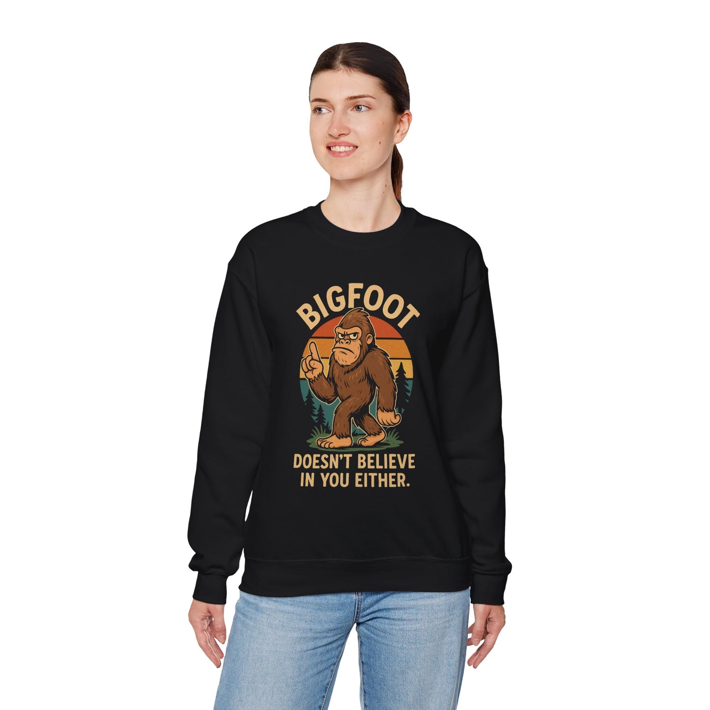 Bigfoot Doesn't Believe Crewneck Sweatshirt - Unisex Fashion for Nature Lovers - Riff Raff Wear