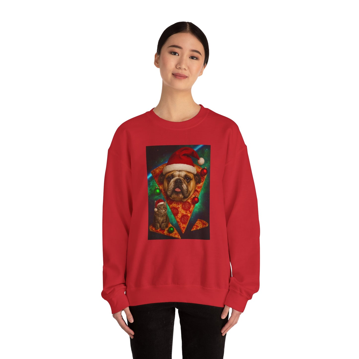 Festive Dog Pizza Sweatshirt, Holiday Gift, Christmas Apparel, Unisex Crewneck, Dog Lover Sweatshirt - Riff Raff Wear