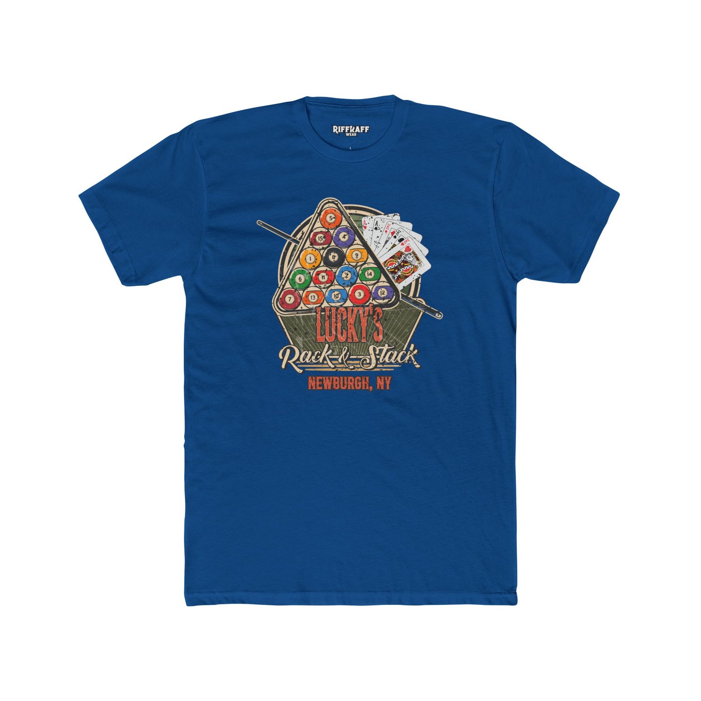 Lucky's Pool Hall Unisex Cotton Crew Tee Pool Up Front. Poker In The Rear. - Riff Raff Wear Underground