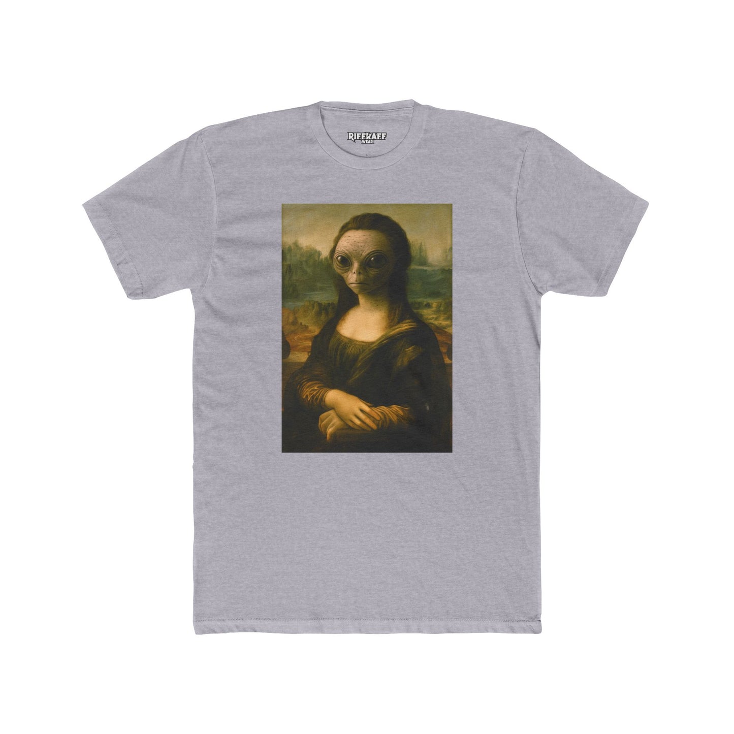 Alien Mona Lisa Unisex Cotton Crew Tee - Unique Graphic for Art Lovers - Riff Raff Wear