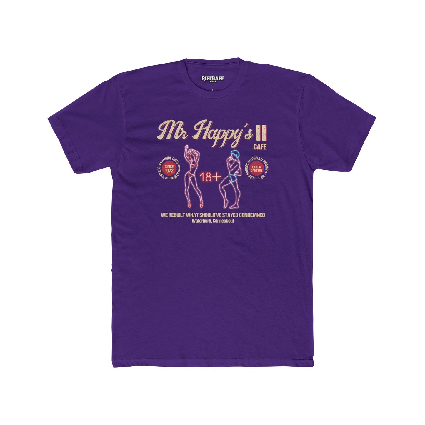 Mr. Happy's II Cafe Unisex Cotton Crew Tee - Fun Adult Humor T-Shirt - Riff Raff Wear Underground