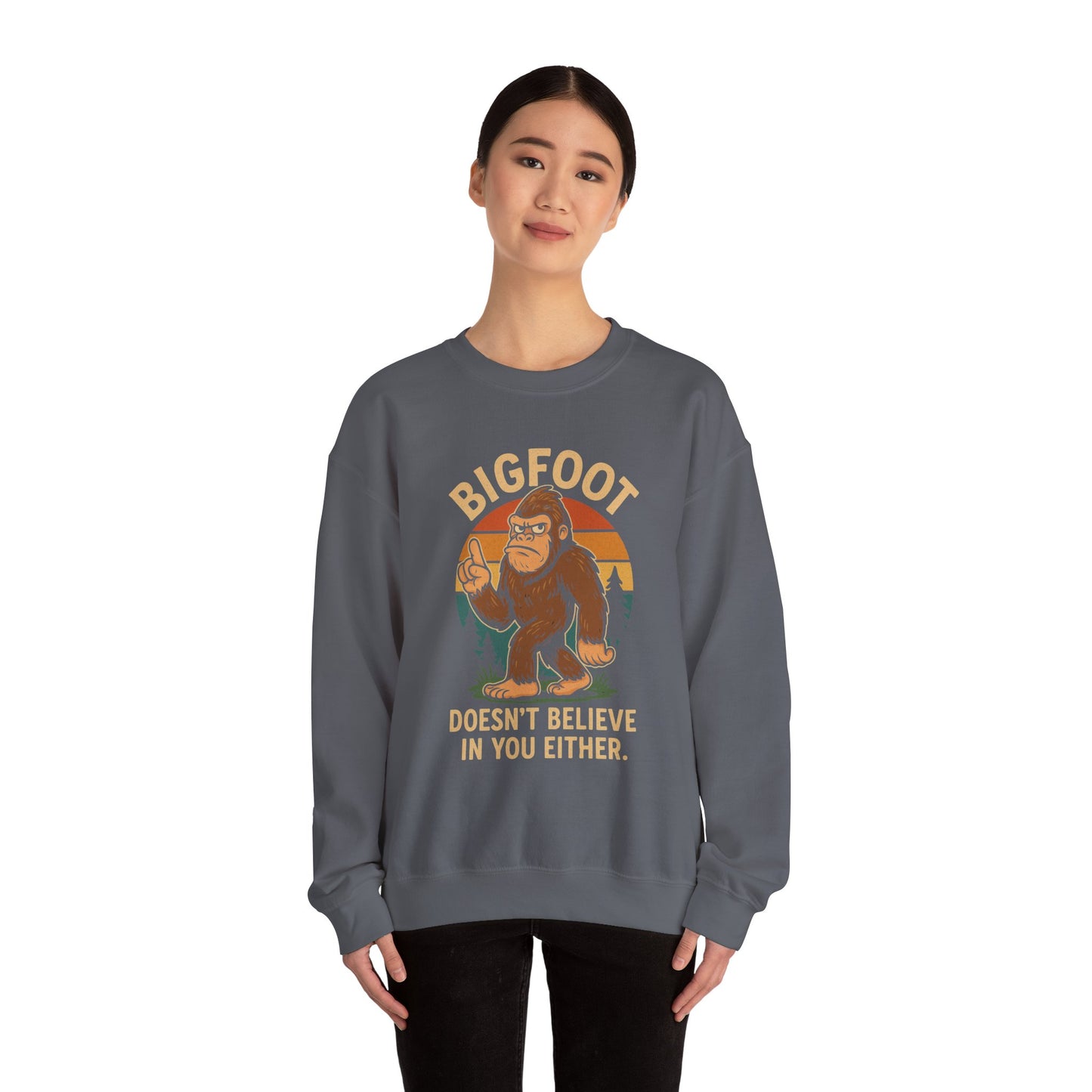 Bigfoot Doesn't Believe Crewneck Sweatshirt - Unisex Fashion for Nature Lovers - Riff Raff Wear