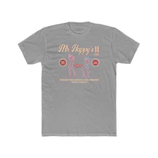 Mr. Happy's II Cafe Unisex Cotton Crew Tee - Fun Adult Humor T-Shirt - Riff Raff Wear Underground