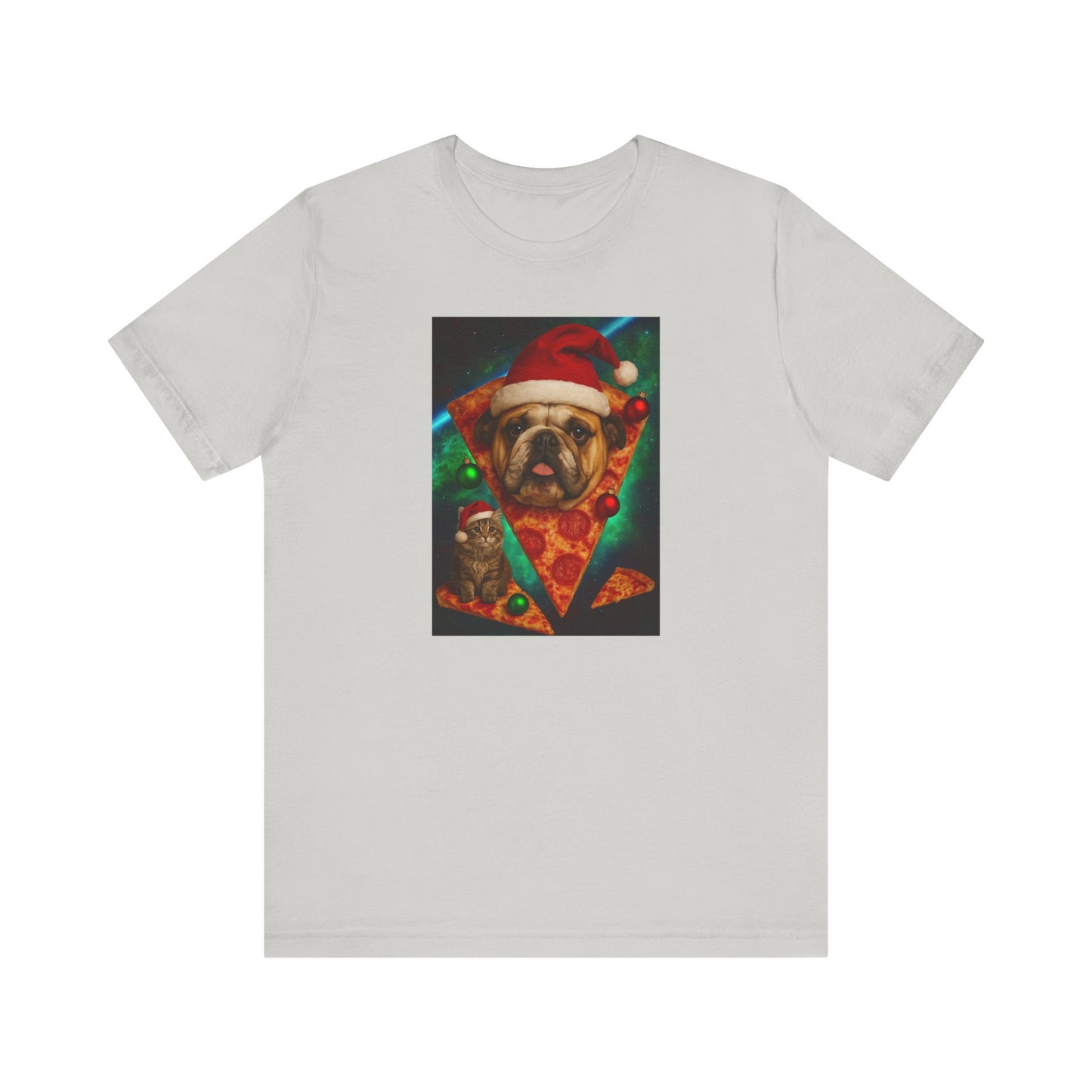 Festive Dog Pizza Tee - Unisex Short Sleeve T-Shirt, Funny Holiday Shirt, Pet Lover Gift, Christmas Apparel, Cute Animal Tee - Riff Raff Wear