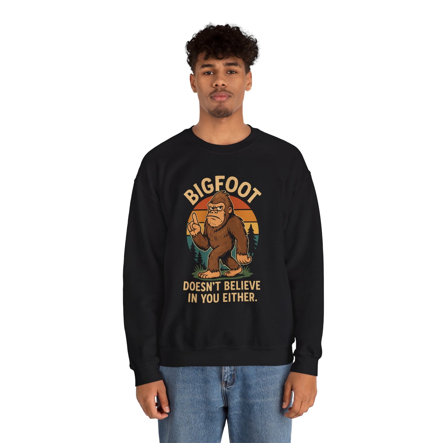 Bigfoot Doesn't Believe Crewneck Sweatshirt - Unisex Fashion for Nature Lovers - Riff Raff Wear