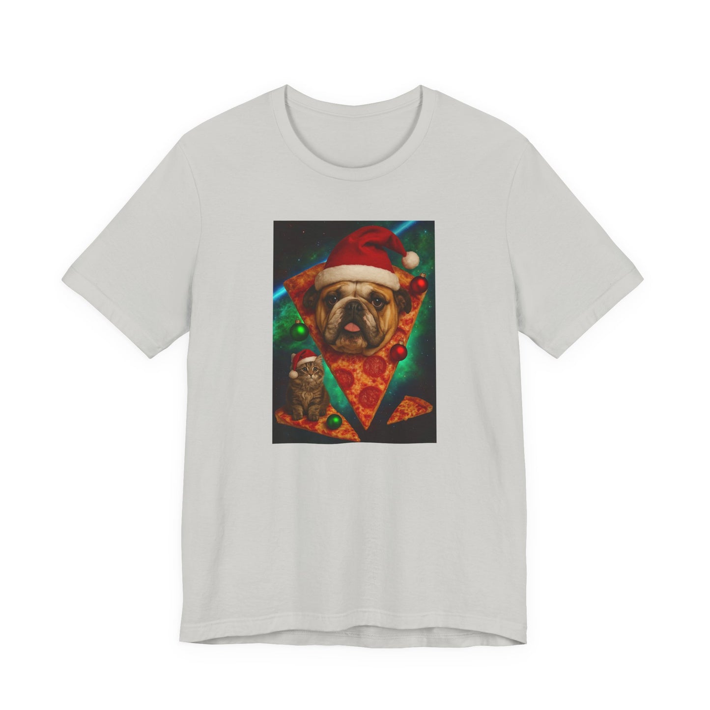 Festive Dog Pizza Tee - Unisex Short Sleeve T-Shirt, Funny Holiday Shirt, Pet Lover Gift, Christmas Apparel, Cute Animal Tee - Riff Raff Wear