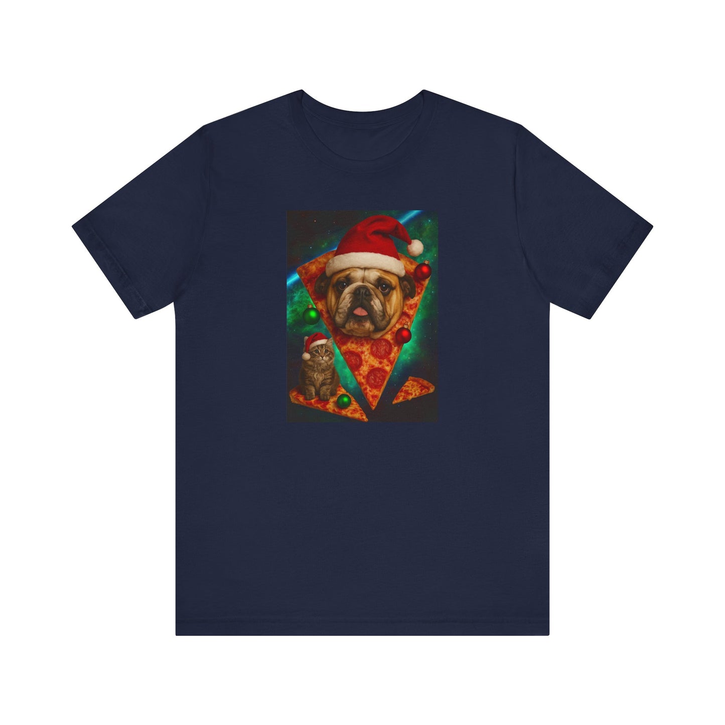 Festive Dog Pizza Tee - Unisex Short Sleeve T-Shirt, Funny Holiday Shirt, Pet Lover Gift, Christmas Apparel, Cute Animal Tee - Riff Raff Wear