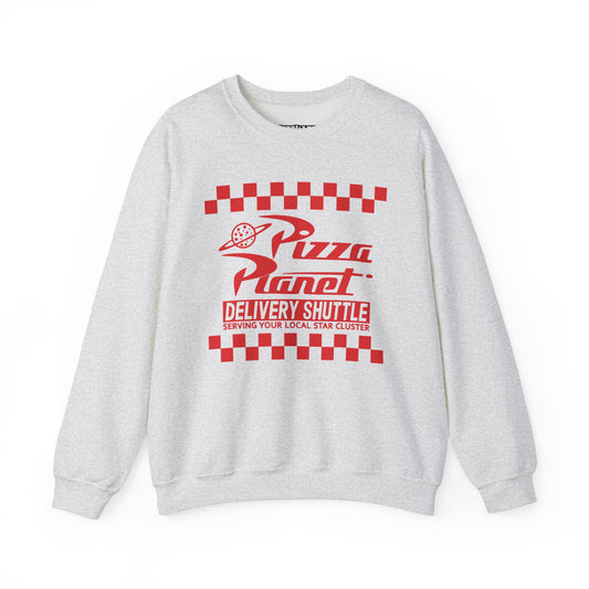 Parody Logo Series - Pizza Planet Delivery Shuttle Crewneck Sweatshirt - Riff Raff Wear