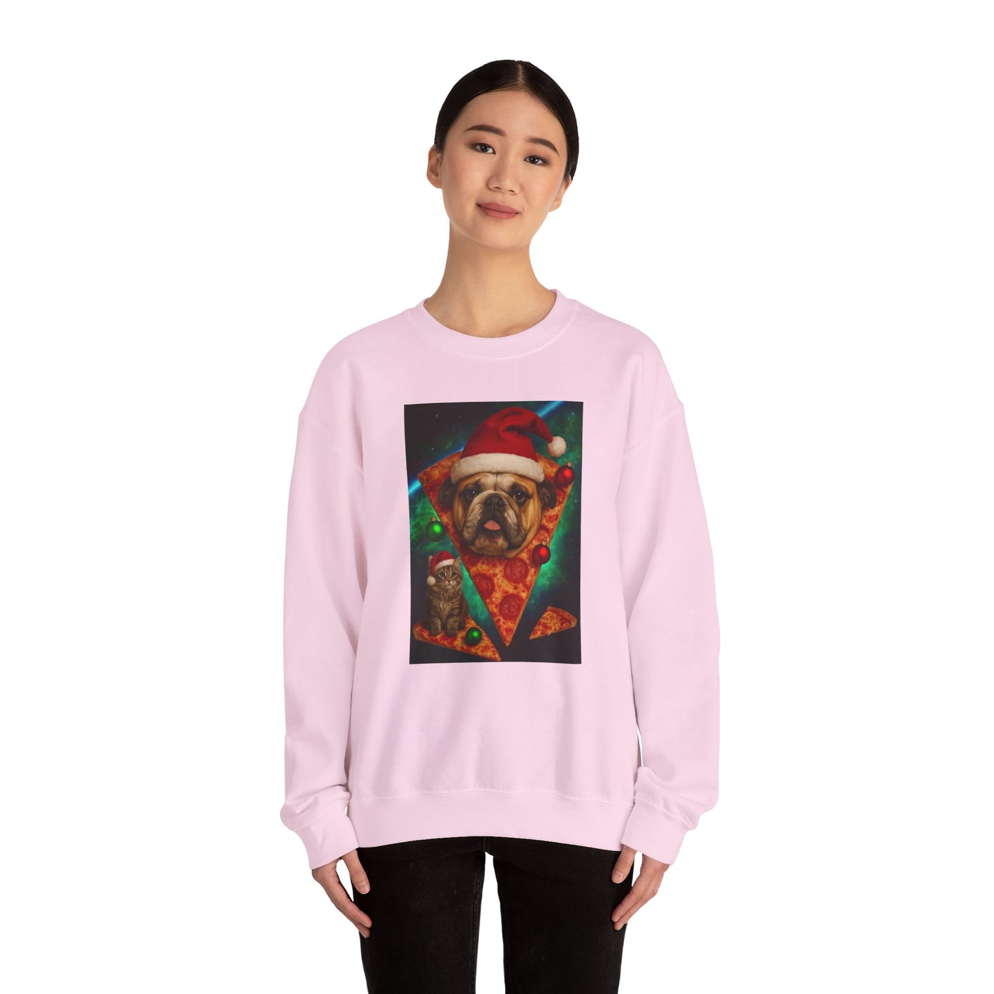 Festive Dog Pizza Sweatshirt, Holiday Gift, Christmas Apparel, Unisex Crewneck, Dog Lover Sweatshirt - Riff Raff Wear