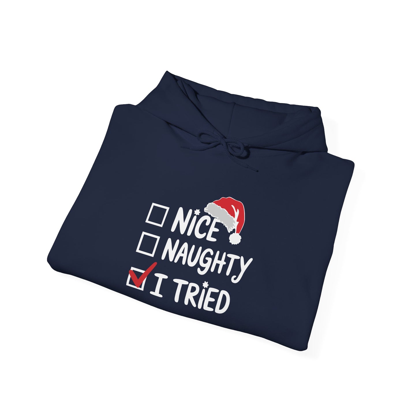 Holiday Humor Hoodie - I Tried, Nice Naughty List, Funny Gift for Christmas, Unisex Sweatshirt, Cozy Casual Wear - Riff Raff Wear