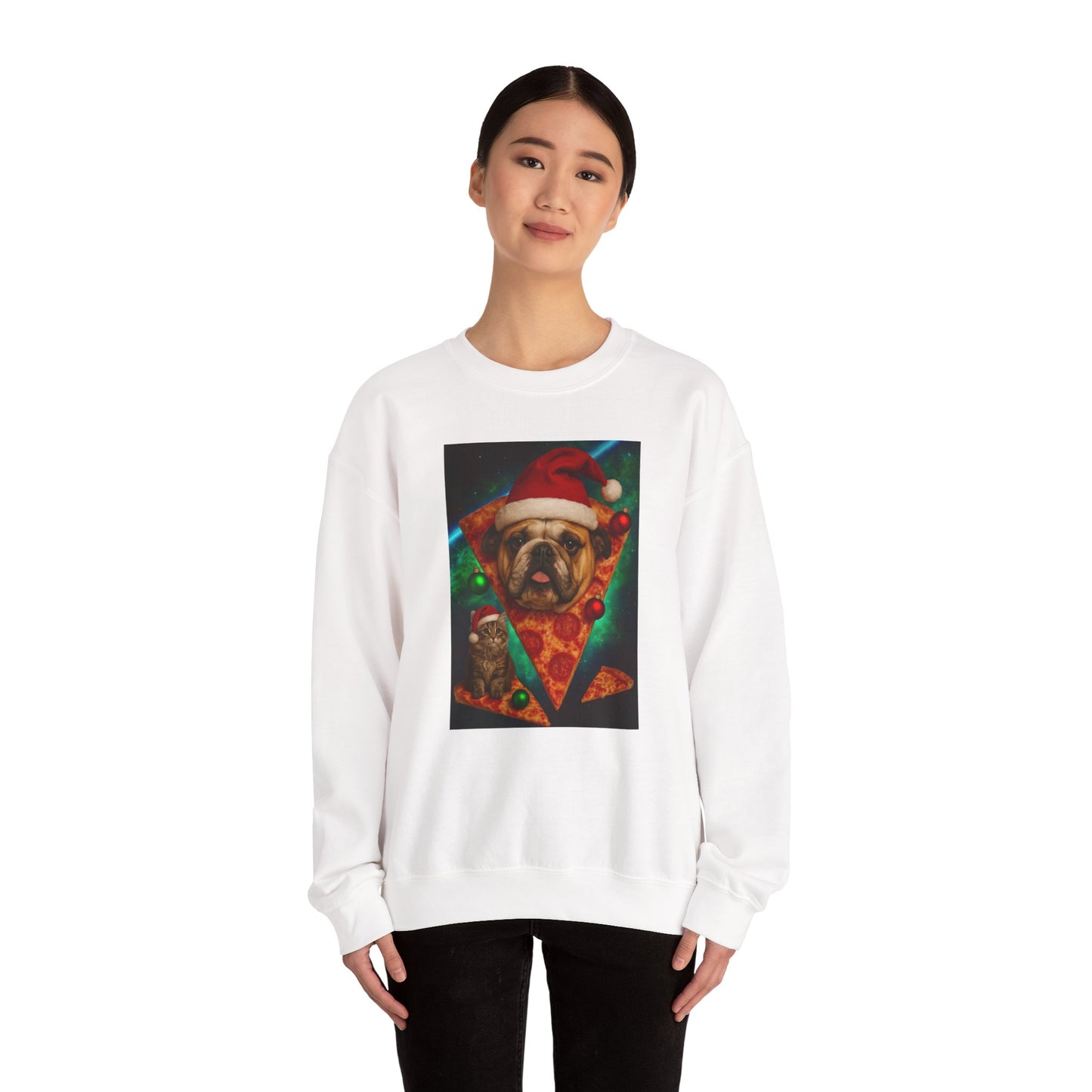 Festive Dog Pizza Sweatshirt, Holiday Gift, Christmas Apparel, Unisex Crewneck, Dog Lover Sweatshirt - Riff Raff Wear
