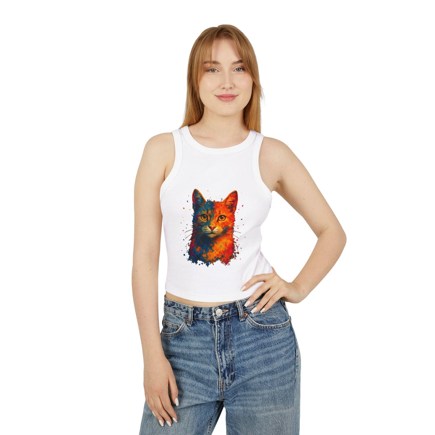 Colorful Cat Graphic Racer Tank Top for Women - Riff Raff Wear