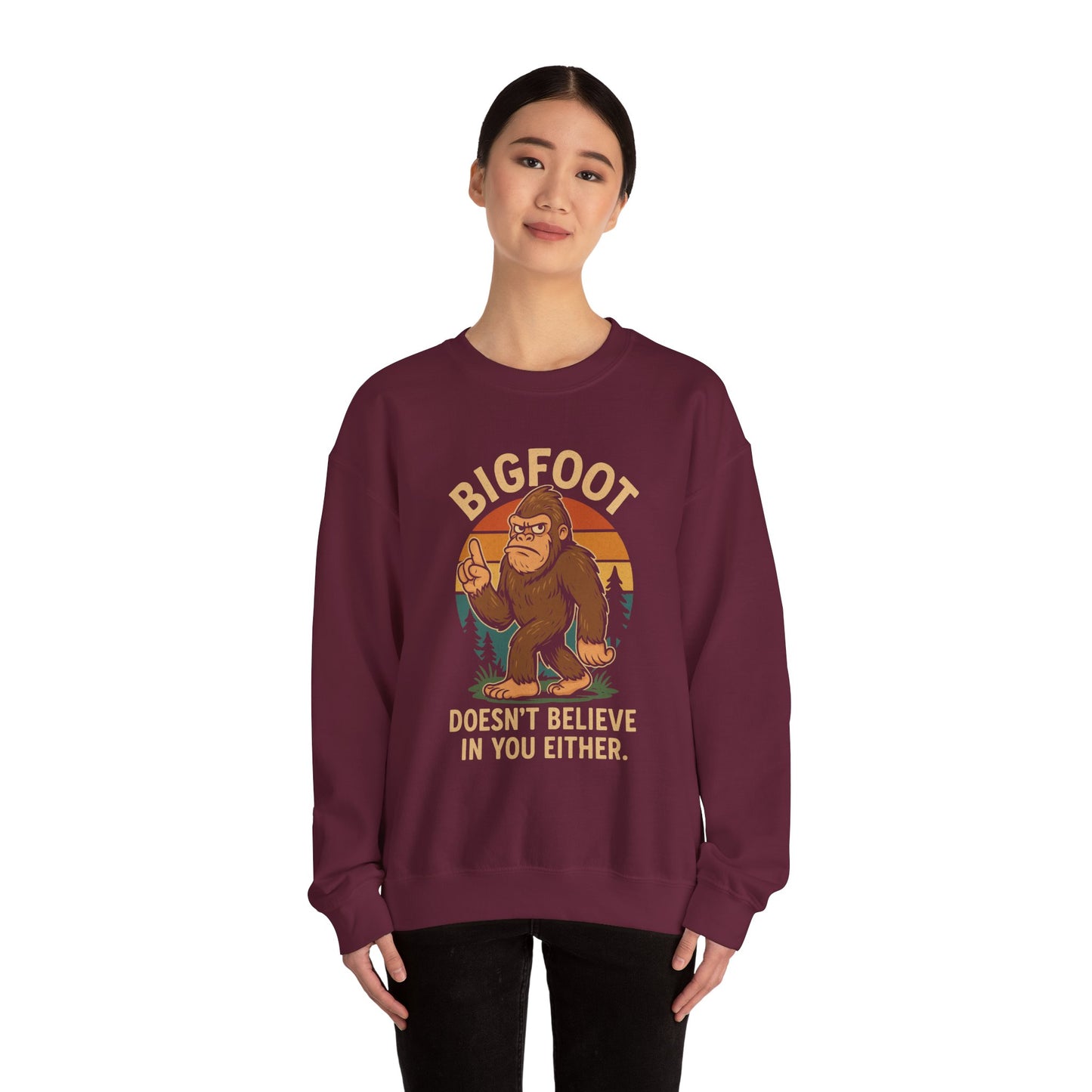 Bigfoot Doesn't Believe Crewneck Sweatshirt - Unisex Fashion for Nature Lovers - Riff Raff Wear