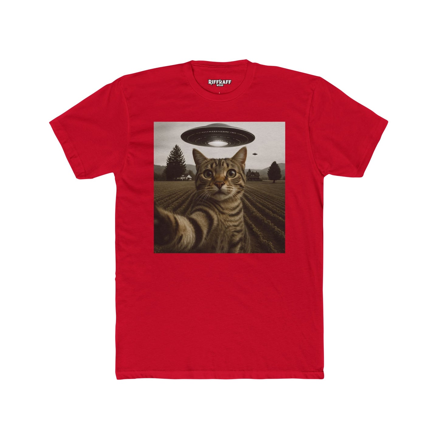 Alien Cat Unisex Cotton Crew Tee – Funny UFO Graphic T-Shirt - Riff Raff Wear