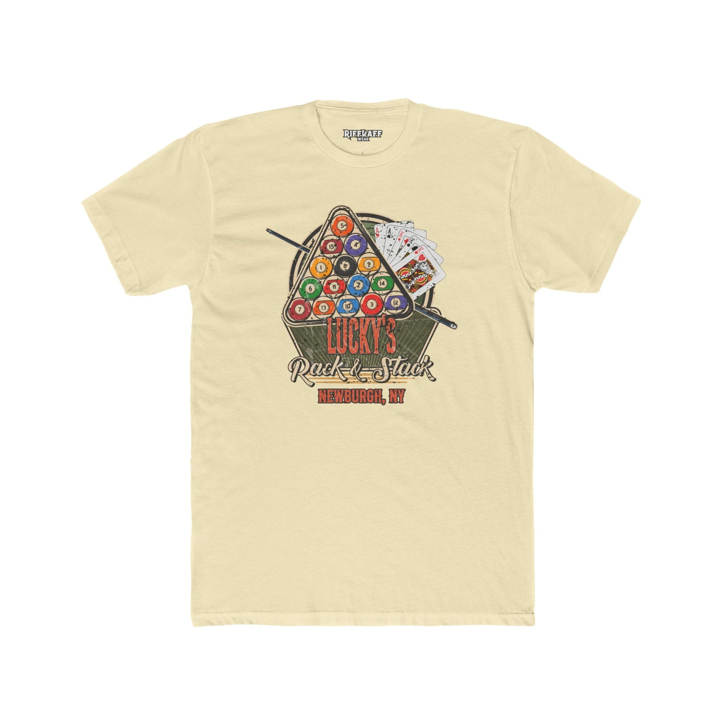 Lucky's Pool Hall Unisex Cotton Crew Tee Pool Up Front. Poker In The Rear. - Riff Raff Wear Underground