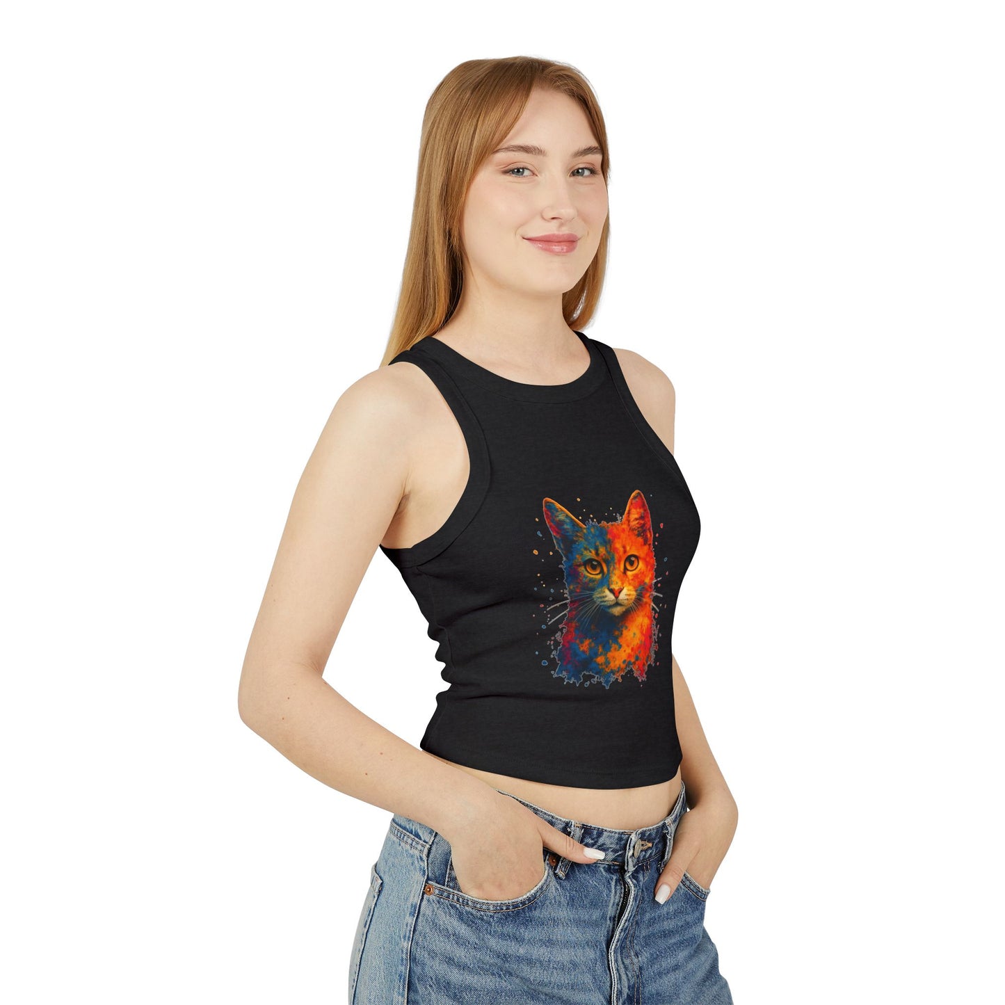 Colorful Cat Graphic Racer Tank Top for Women - Riff Raff Wear