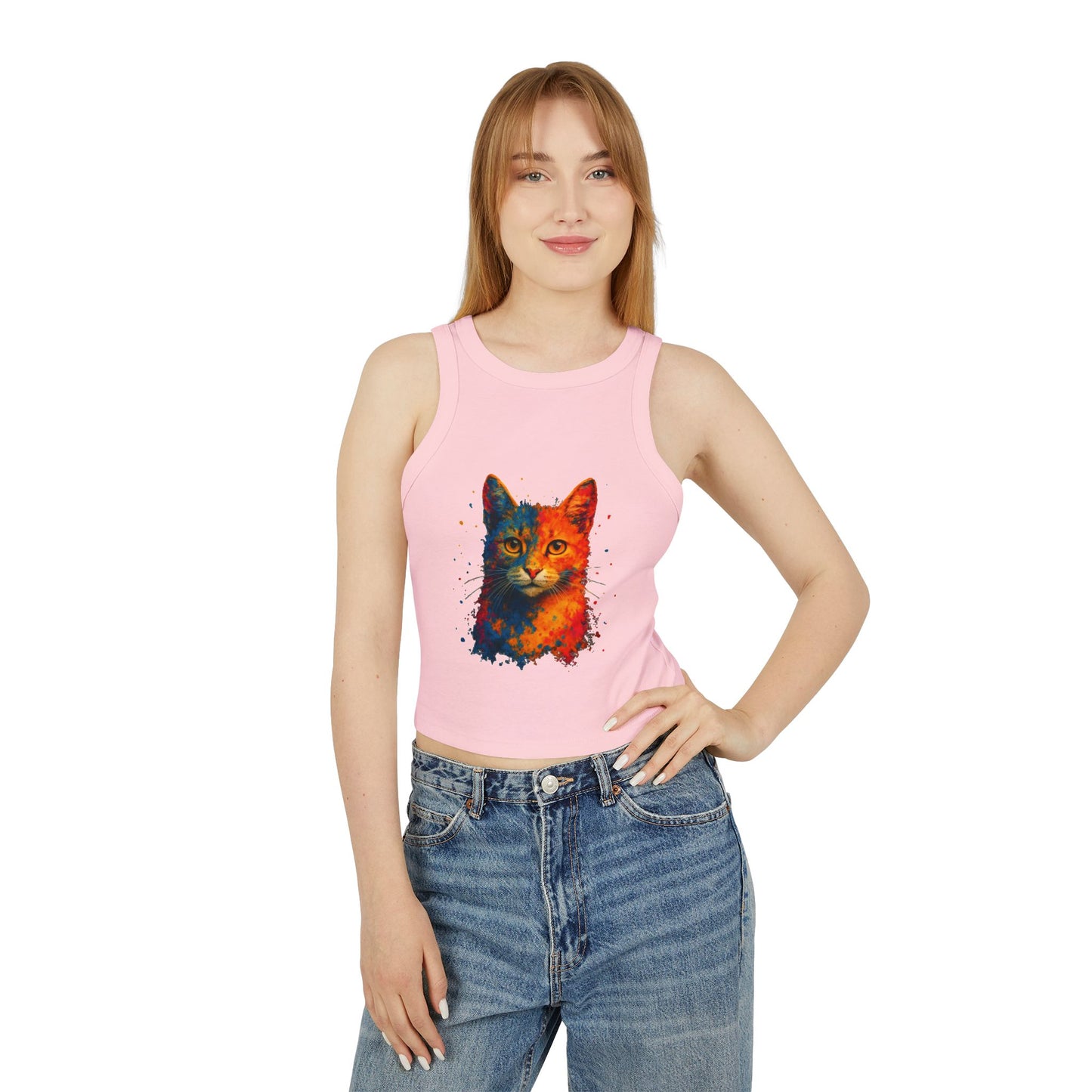 Colorful Cat Graphic Racer Tank Top for Women - Riff Raff Wear