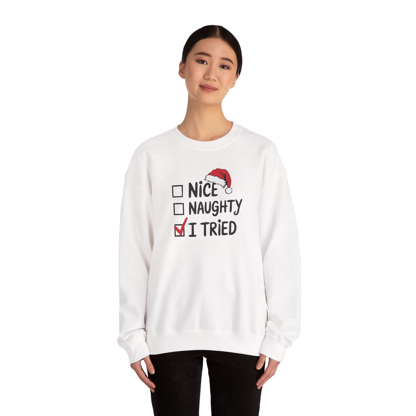 Christmas Sweatshirt, Funny Holiday Gift, Cozy Crewneck, Naughty Nice Humor, Unisex Winter Style, Festive Apparel - DMHoops.com