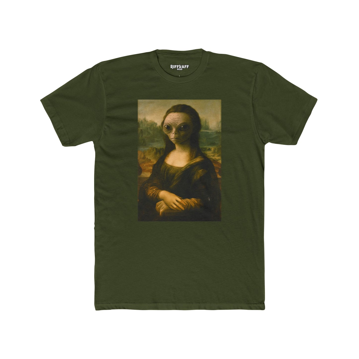 Alien Mona Lisa Unisex Cotton Crew Tee - Unique Graphic for Art Lovers - Riff Raff Wear