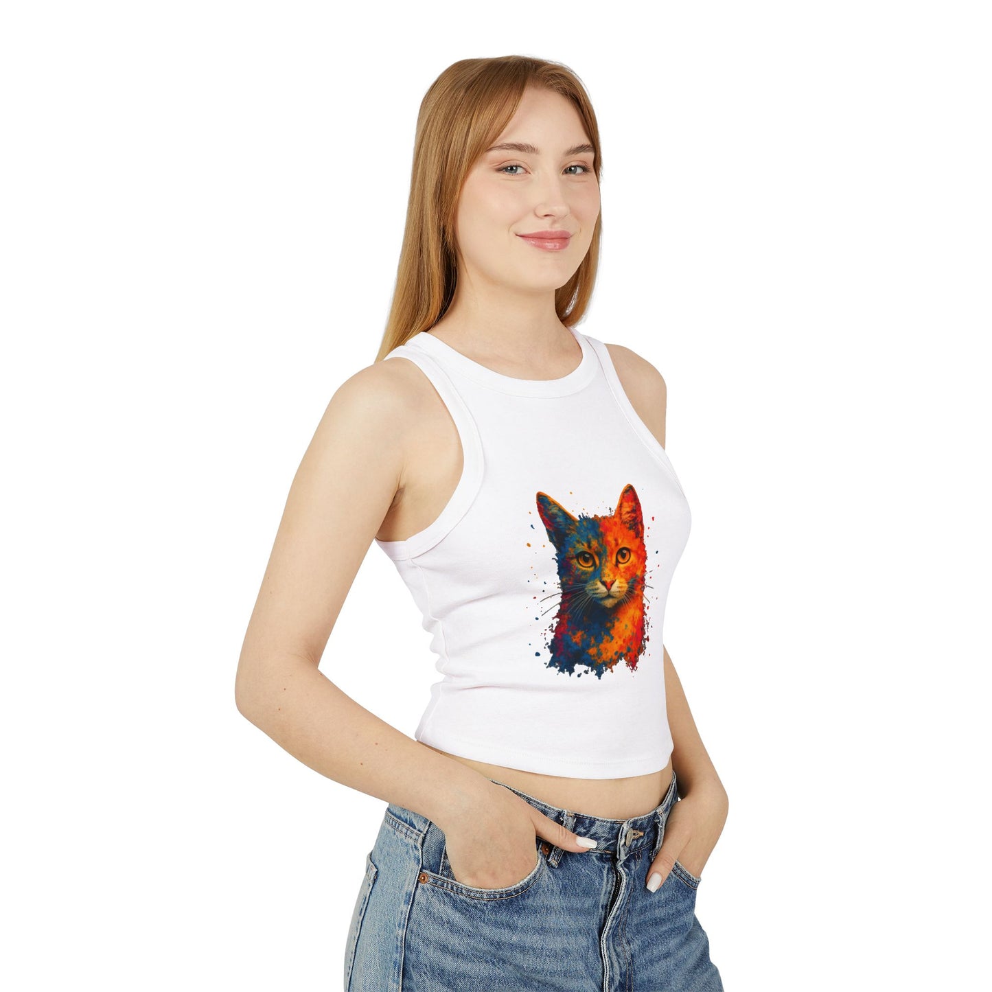 Colorful Cat Graphic Racer Tank Top for Women - Riff Raff Wear
