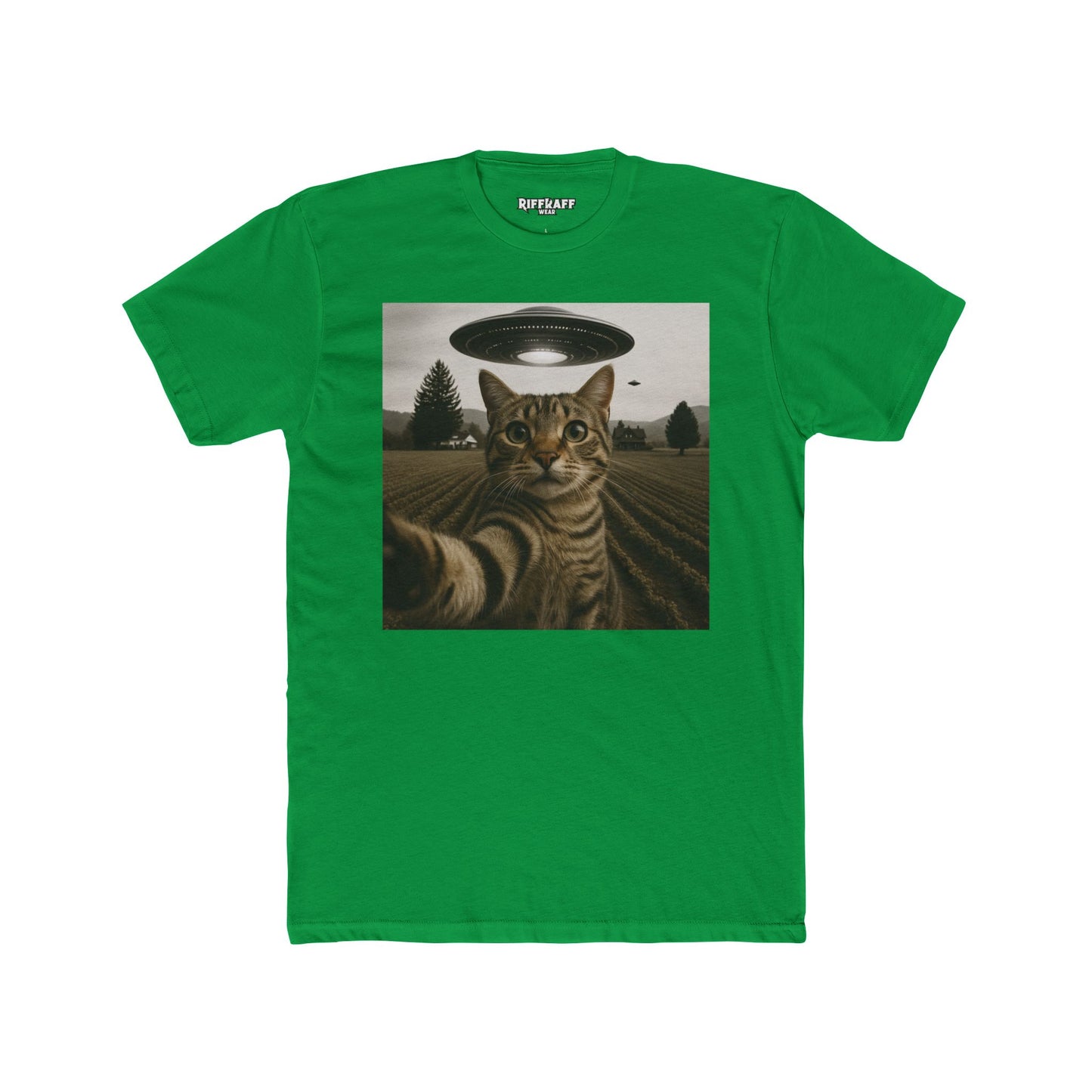 Alien Cat Unisex Cotton Crew Tee – Funny UFO Graphic T-Shirt - Riff Raff Wear