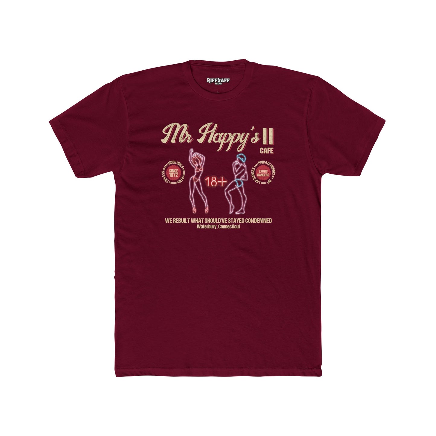 Mr. Happy's II Cafe Unisex Cotton Crew Tee - Fun Adult Humor T-Shirt - Riff Raff Wear Underground