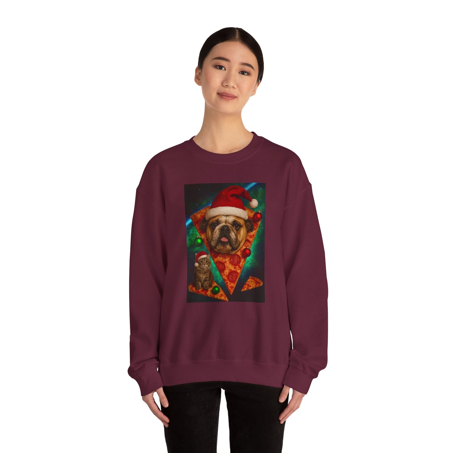 Festive Dog Pizza Sweatshirt, Holiday Gift, Christmas Apparel, Unisex Crewneck, Dog Lover Sweatshirt - Riff Raff Wear