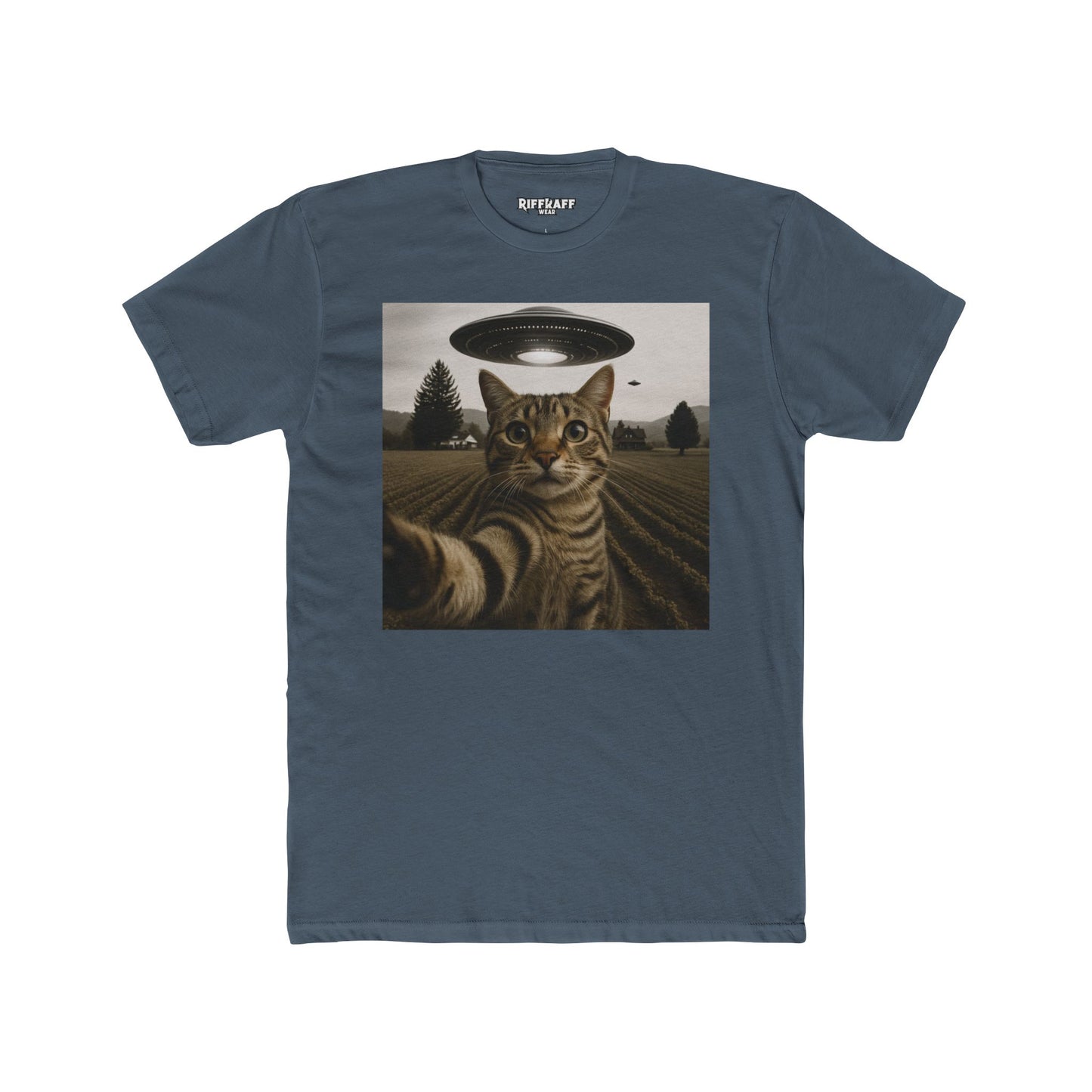 Alien Cat Unisex Cotton Crew Tee – Funny UFO Graphic T-Shirt - Riff Raff Wear