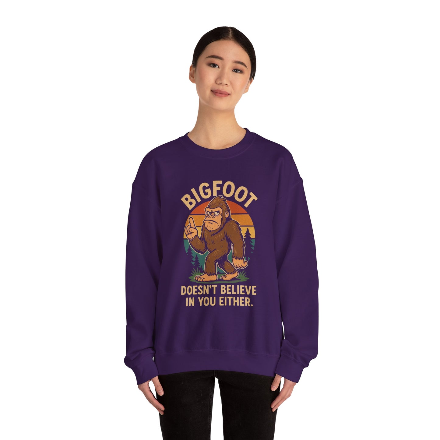 Bigfoot Doesn't Believe Crewneck Sweatshirt - Unisex Fashion for Nature Lovers - Riff Raff Wear