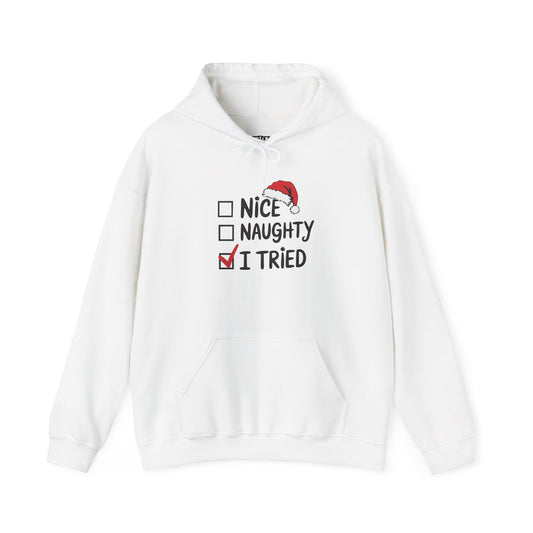 Holiday Humor Hoodie - I Tried, Nice Naughty List, Funny Gift for Christmas, Unisex Sweatshirt, Cozy Casual Wear - Riff Raff Wear