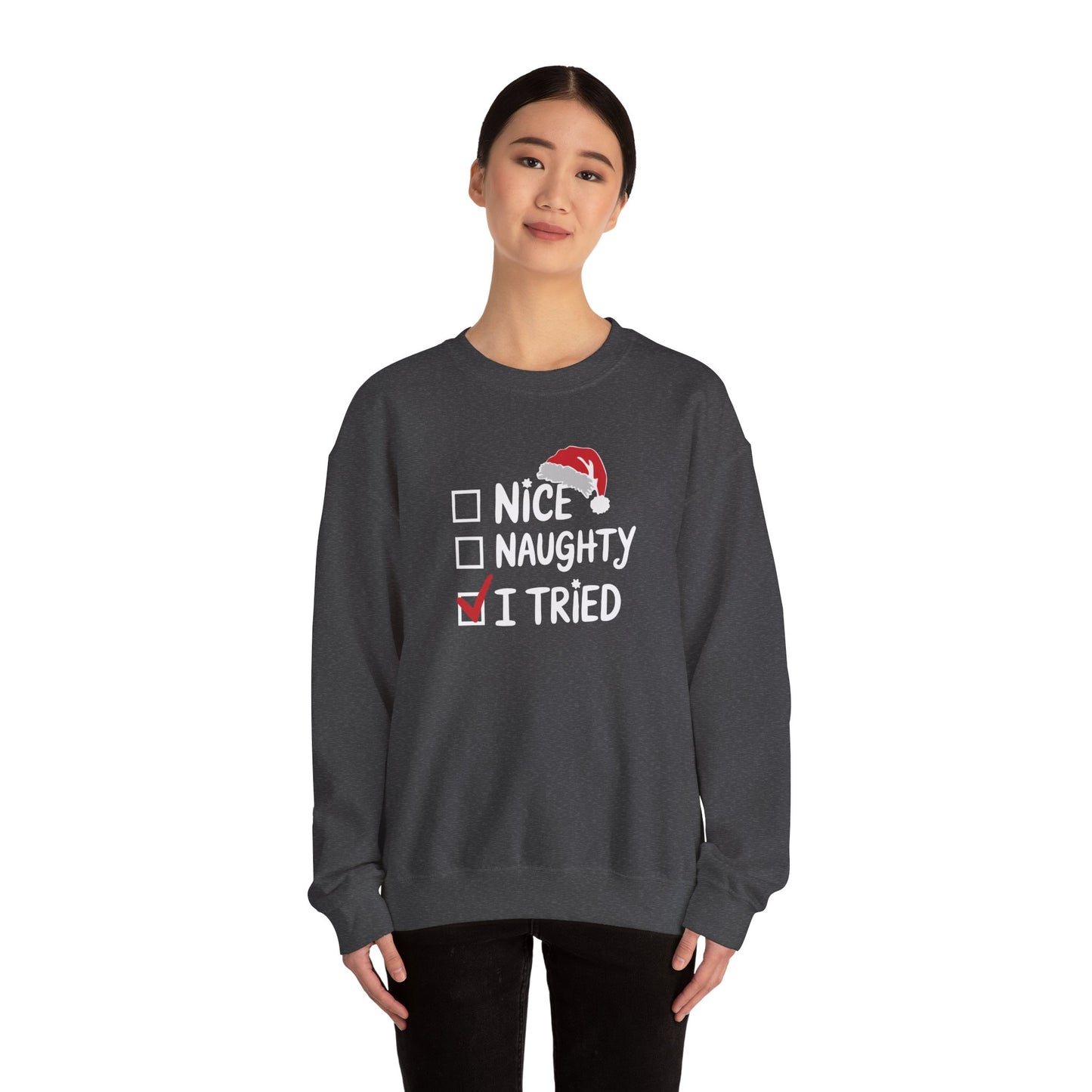 Christmas Sweatshirt, Funny Holiday Gift, Cozy Crewneck, Naughty Nice Humor, Unisex Winter Style, Festive Apparel - DMHoops.com