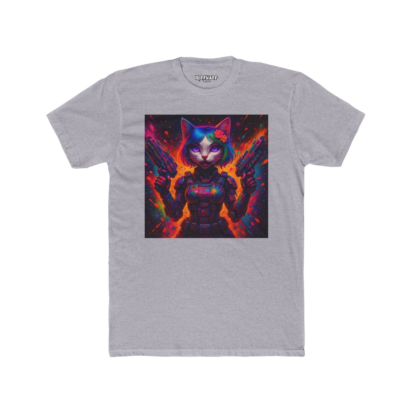 Futuristic Cat Warrior Unisex Cotton Crew Tee - Colorful for Animal Lovers - Riff Raff Wear