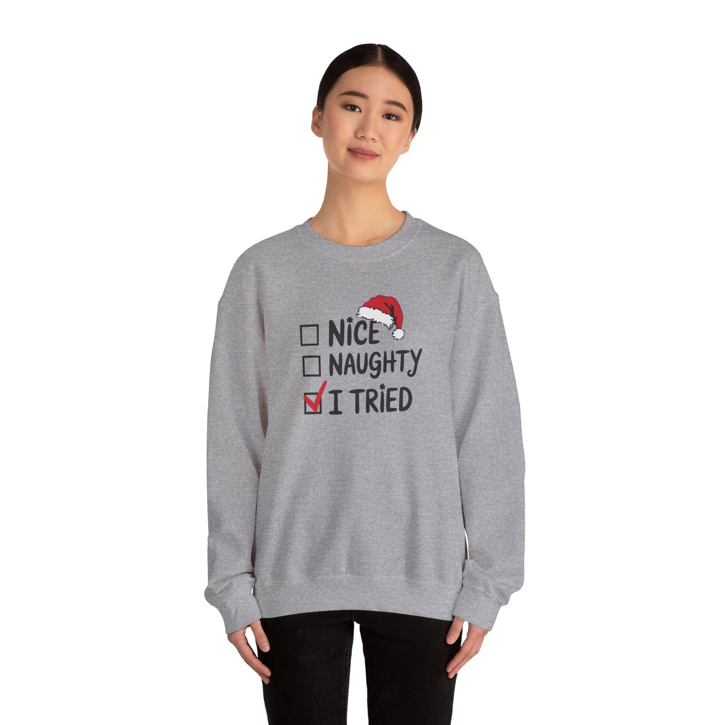 Christmas Sweatshirt, Funny Holiday Gift, Cozy Crewneck, Naughty Nice Humor, Unisex Winter Style, Festive Apparel - DMHoops.com